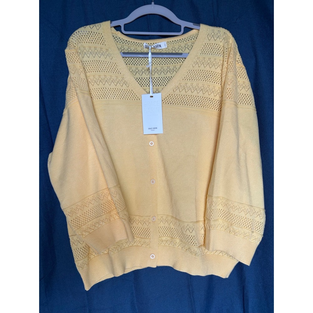 Grace Karin Pointelle Knit Cardigan Women 2XL Yellow V-Neck 3/4 Sleeve Sweater